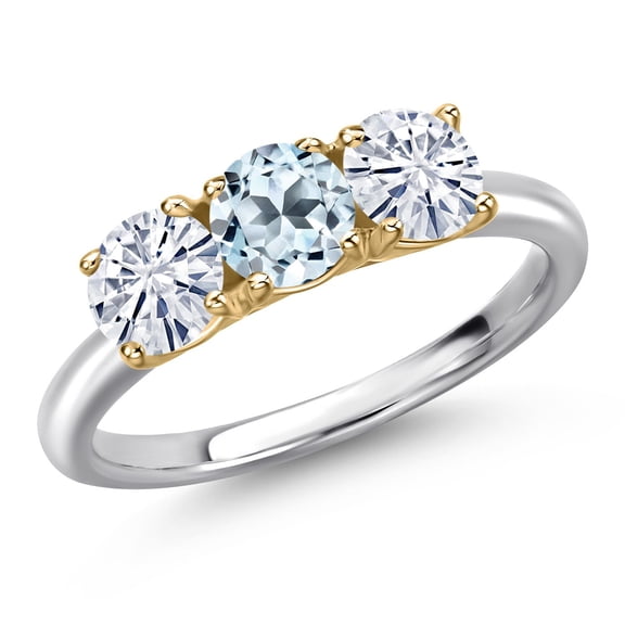 Gem Stone King 925 Silver and 10K Yellow Gold Sky Blue Topaz and White Moissanite Engagement Ring for Women | 1.70 Cttw | Round 5MM | Gemstone November Birthstone | Size 6