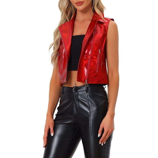 INSPIRE CHIC Chaleco Corto Sin Mangas de Cuero Sintético Metálico con Solapa para Mujeres M Rojo