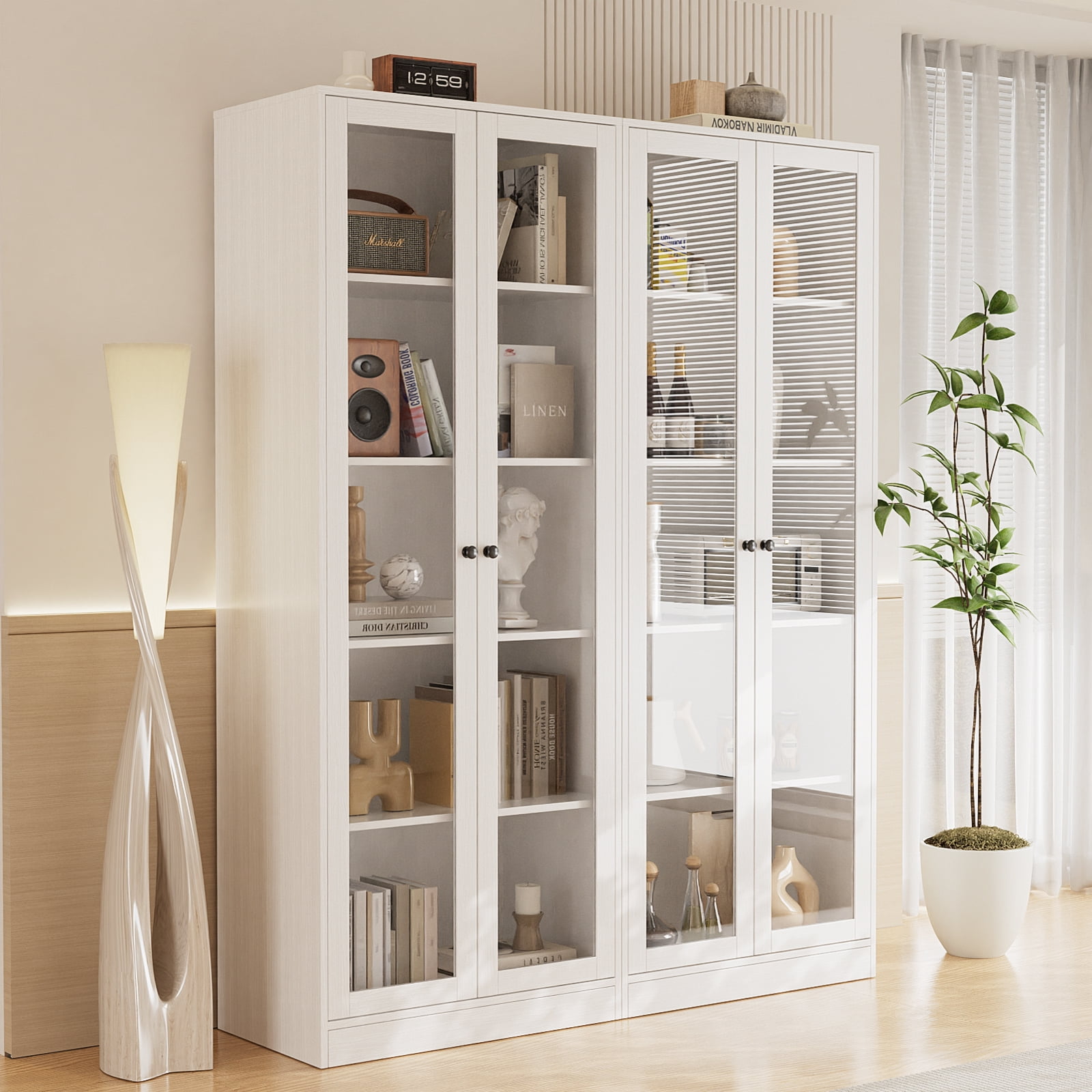 RichYa 71"H Display Cabinet with Glass Doors,5 Tier Kitchen Pantry Cabinet with Shelves for Dining Room,Living Room,C(White)