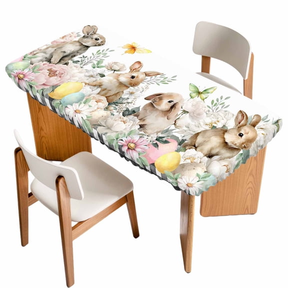 Easter Bunny Table Cloths for 6 Foot Rectangle Tables, Spring Botanical Flowers Flowers Eggs Check Patio Waterproof Elastic Fitted Tablecloths, Washable Rectangular Table Cover for Camping