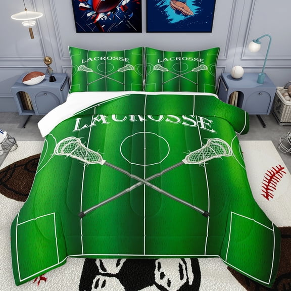 Homewish Kids Lacrosse Game Bedding Comforter Set,Sport Theme Twin Comforter Sets,Green White Bedding Set For Boys,Microfiber Bedroom Decor,2-Piece
