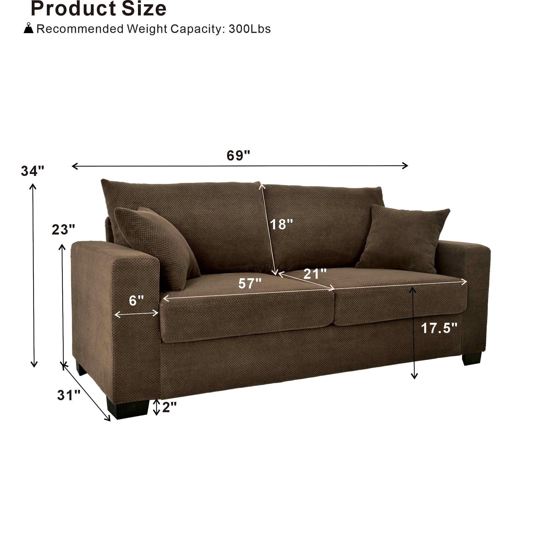 MAYEERTY 69 Inch 2‑Seater Upholstered Sofa, Textured Fabric Couch with 2 Throw Pillows and Plastic Legs for Apartment, Living Room, Home Office