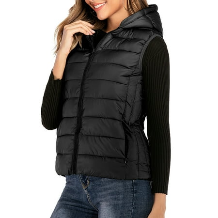 Women Plus Size Lightweight Water-Resistant Packable Down Vest Gilet Quilted Puffer Zip Puffer Vest Ladies Sleeveless Hoodie Coat