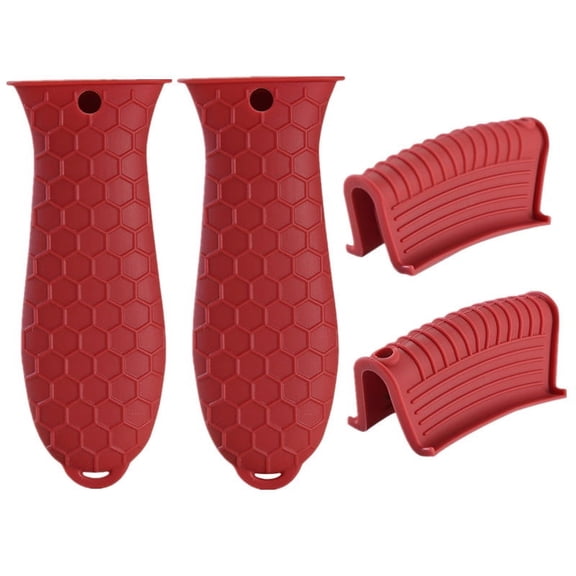 Silicone Pot Handle Covers Set of 4, Heat Resistant Cast Iron Skillet Grip Sleeves, Red