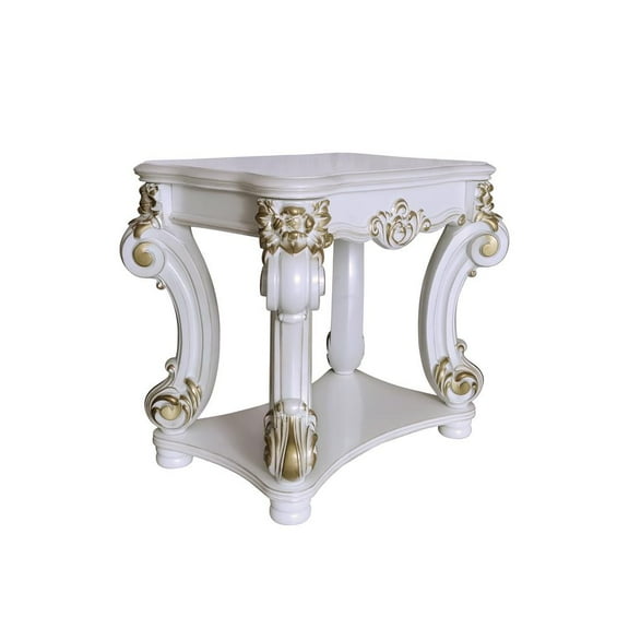 ACME Vendome Wooden Side Table with Scrolled Legs in Antique Pearl