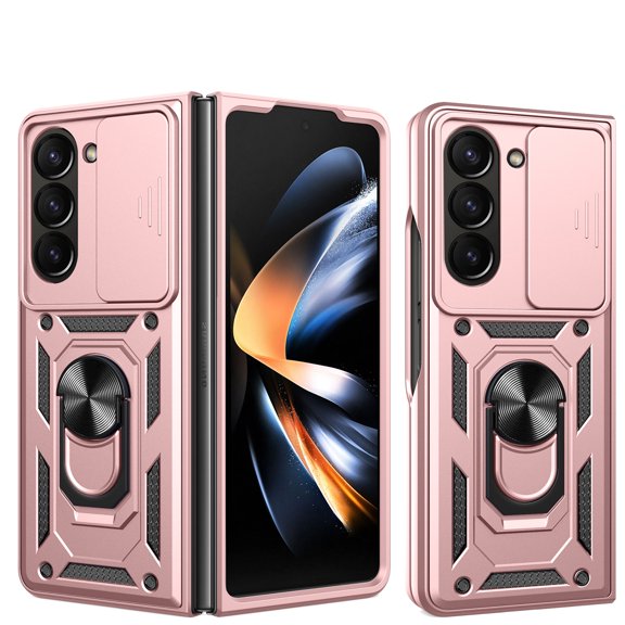for Samsung Galaxy Z Fold 7 Case with Ring Kickstand, Case with Camera Lens Sliding Cover, Built-in Ring Stand Magnetic Car Mount Protective Phone Case Cover for Samsung Galaxy Z Fold 7, Rosegold