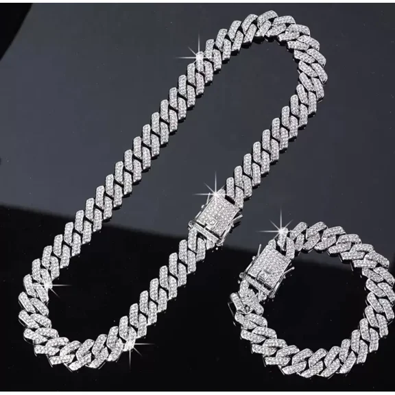 2 Pcs Thick Iced Out 14K Gold Plated CZ Miami Cuban Link 60CM Necklace Bracelet