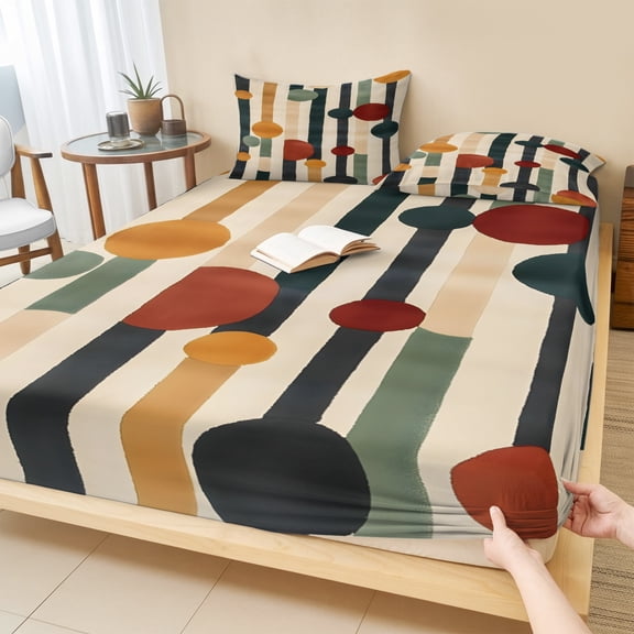 Full Size Fitted Sheet Set - Abstract Boho 3 Piece Bedding Sets 16" Deep Pocket Fitted Sheet with 2 Pillowcases Vintage Multicolored Geometric Stripes Brushed Microfiber Hotel Luxury Bed Sheets