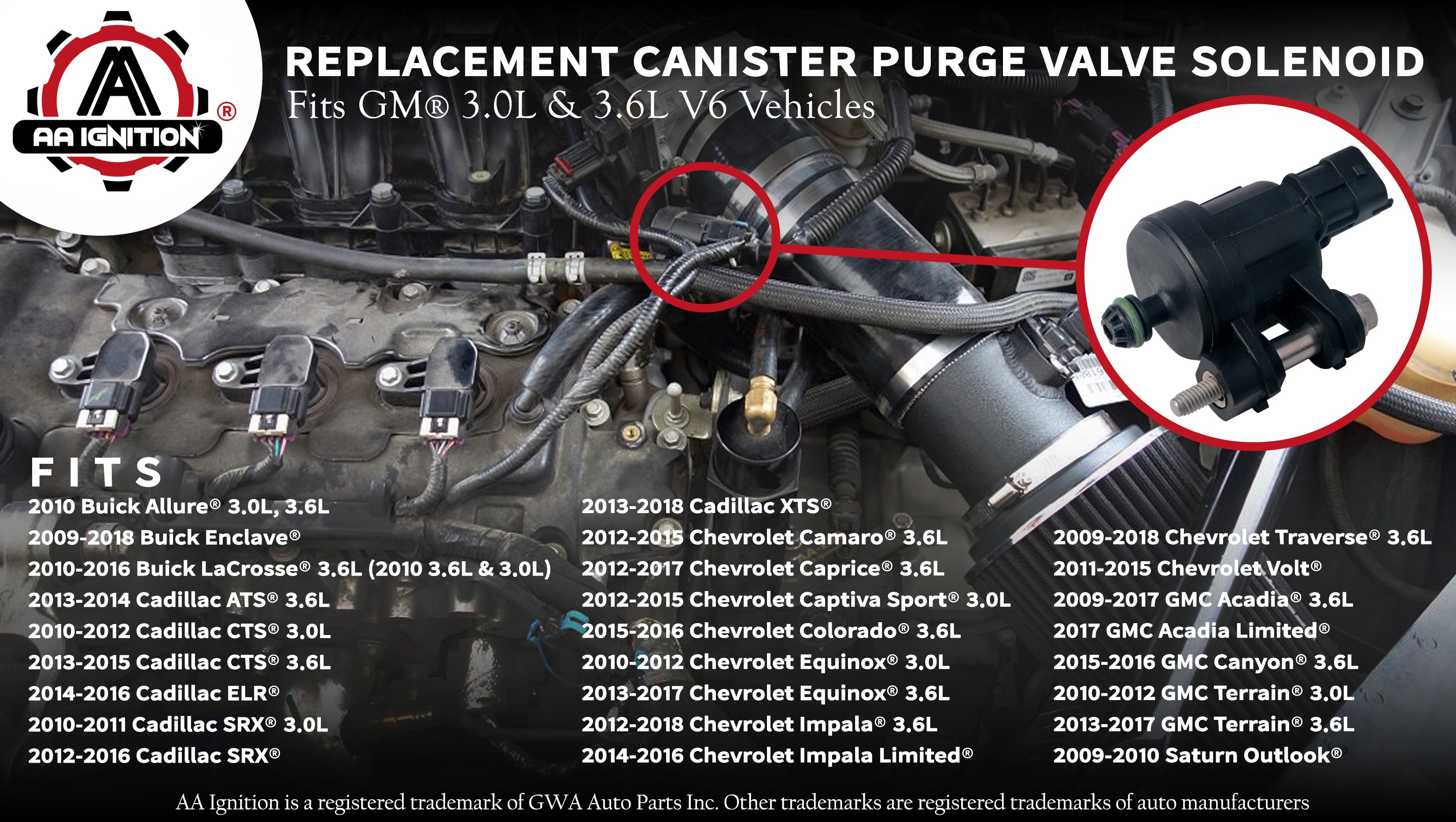 Vapor Canister Purge Valve Solenoid Replaces 12610560, 911-082, 12690512,  12661763nbsp;- Fits 3.0L, 3.6L V6 Chevy Impala, Traverse, Colorado,  Cadillac CTS, SRX, GMC Acadia, Canyon, Terrain and more