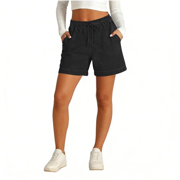 CQONEPT Short Jean for Womens Wide Leg Elastic Waist Drawstring Denim Shorts Summer Y2k Cropped Shorts with Pockets Black XL