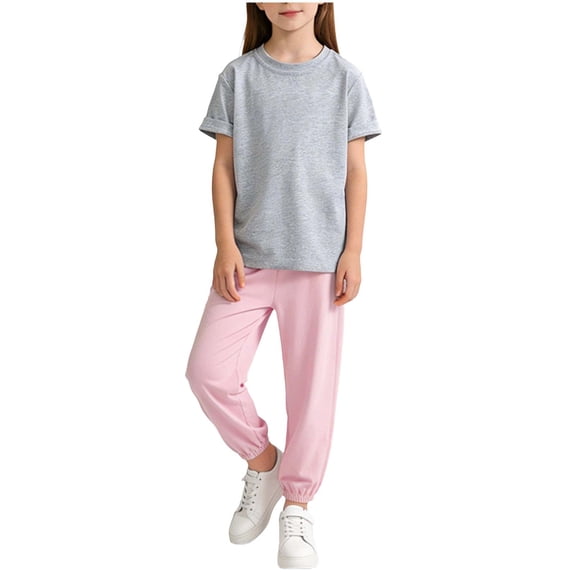 qucoqpe Toddler Baby Casual 2-Piece Outfit Set Short Sleeve Tee T-Shirt Tops Solid Color Casual Blouse High Waisted Baggy Sweat Pants Workout Casual Joggers Pants for Boys and Girls