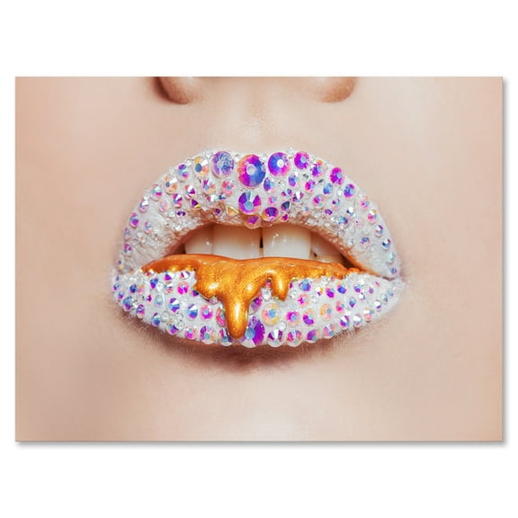 Designart ' Shining Woman Lips Covered With Rhinestones and Smudges ' Modern Canvas Wall Art Print