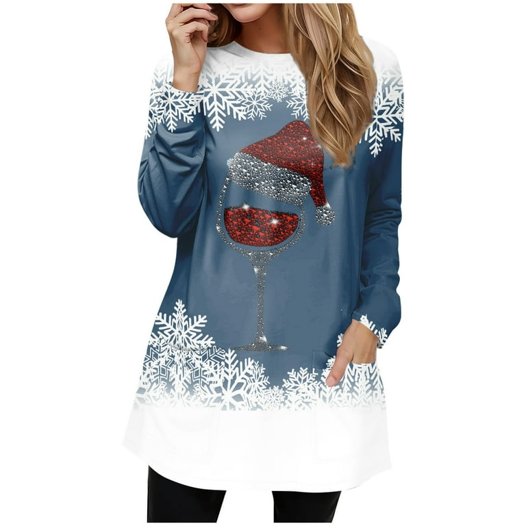 TQWQT Womens Christmas Tunic Sweaters To Wear with Leggings Casual Long  Sleeve Round Neck Pocket T Shirts Blouses Tunic Sweatshirt Tops with Pocket