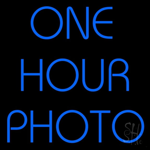 Blue One Hour Photo LED Neon Sign 24 x 24 - inches, Clear Edge Cut Acrylic Backing, with Dimmer - Bright and Premium built indoor LED Neon Sign for art gallery, and exhibition.