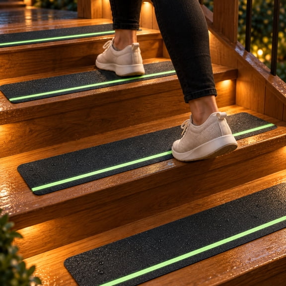 DecorX Black Non-Slip Stair Treads with Glow Stripe and Roller, 12-Pack