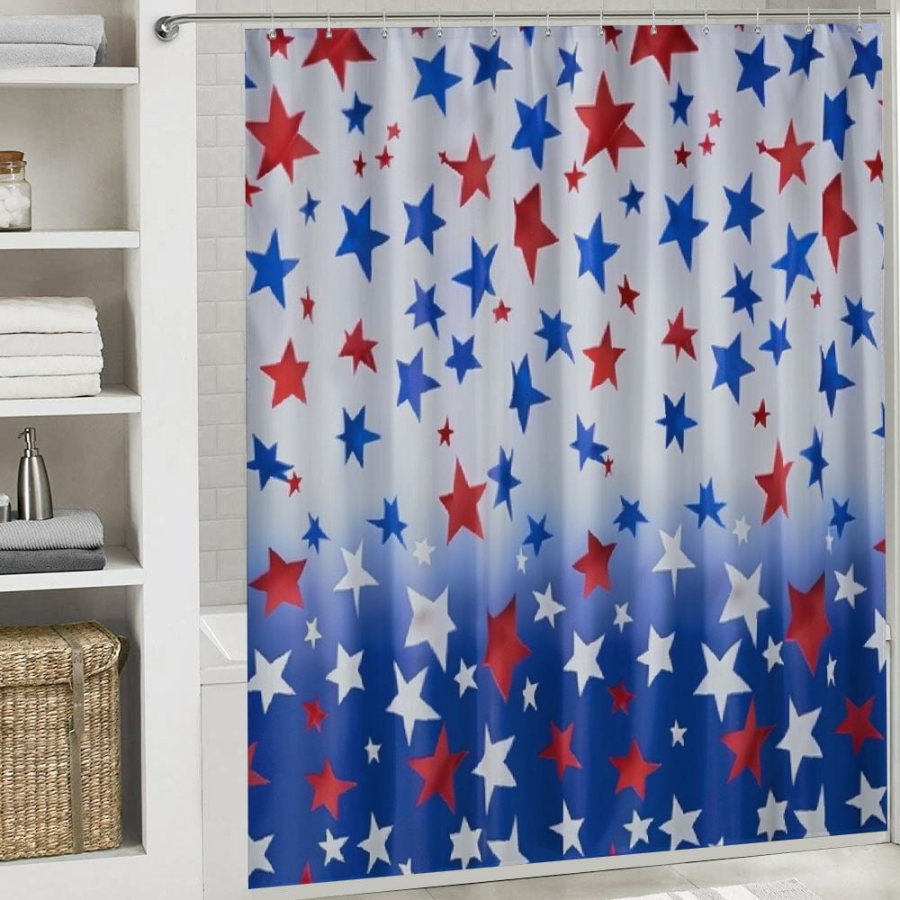 Shiartex American Flag Patriotic Shower Curtain for Bathroom 4th of July Independence Day Memorial Day Shower Curtain Set Blue Red Stars Bathroom Decor with Hooks Waterproof Fabric White