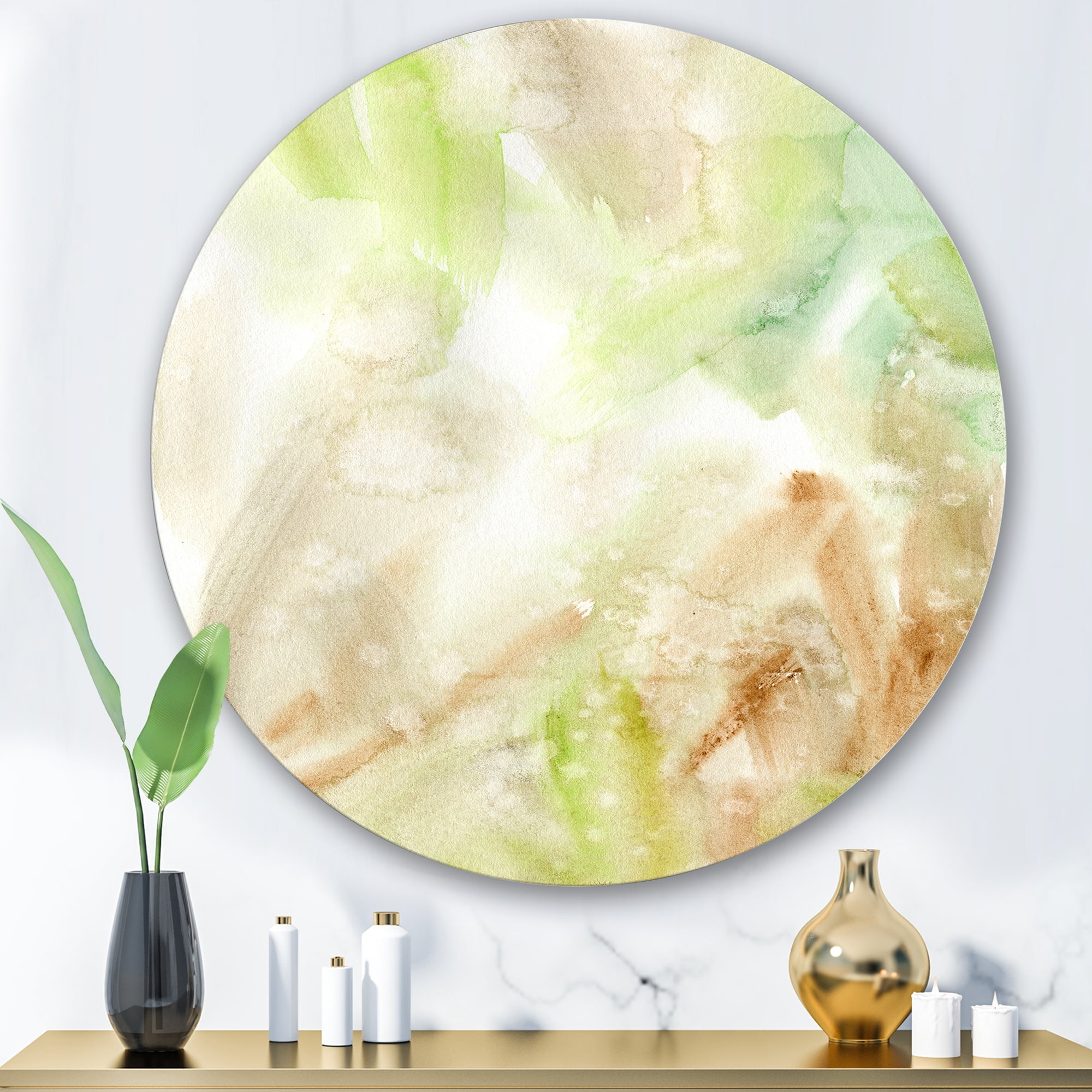 Designart 'Pastel Abstract With Brown Green and Beige Spots' Modern Circle Metal Wall Art 29x29 - Disc of 29
