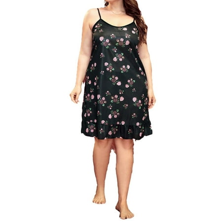 

Elegant All Over Print Spaghetti Strap Slip Dress Black Sleeveless Plus Size Nightgowns & Sleepshirts