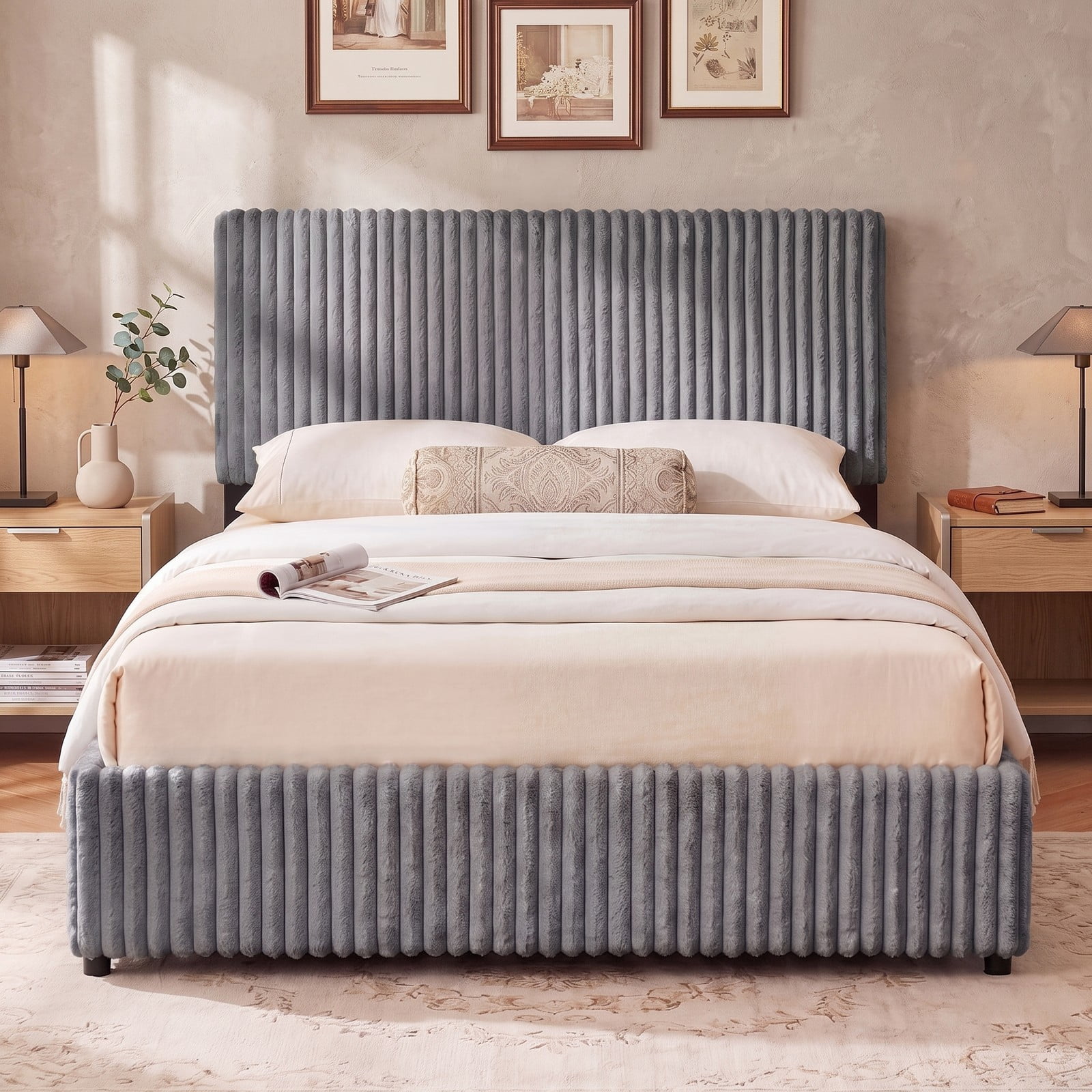 Furnibear Queen Size Bed Frame with Storage, Lift Up Upholstered Platform Bed Frame with Channel Tufted Headboard for Bedroom, Gray