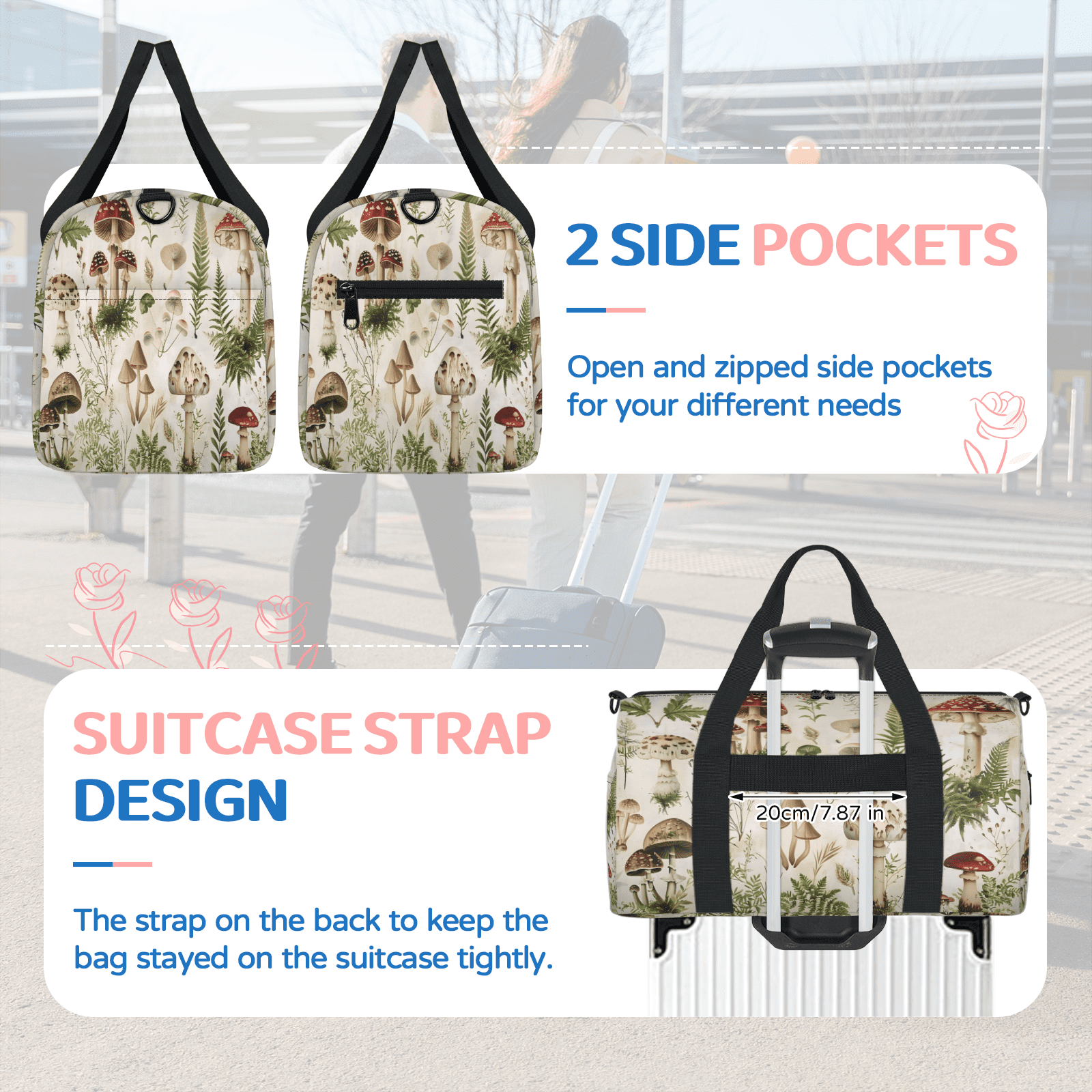 Herdesigns Mushroom Plants Ferns Gym Bag for Women, Duffle Bag for Travel Sport, Lightweight Waterproof Carry on Weekender Overnight Dance Yoga Workout Bags