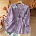 thumbnail image 2 of Enjoytime 3/4 Length Sleeve Womens Tops Imitation Linen Embroidered Button Down Blouses Solid Color 3/4 Sleeve Casual Business Work Shirt, 2 of 8
