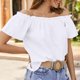 thumbnail image 2 of Top boho,Blusa con hombros descubiertos, manga corta, plisada, tejido de poliéster suave, camisa informal de verano para mujer, sopatenor, 2 of 8