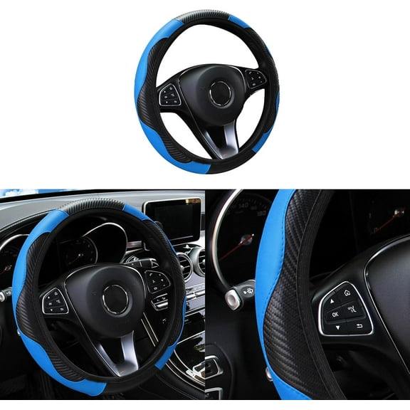 Car Steering Wheel Cover, 15 inch Carbon Fiber Microfiber PU Leather Elastic Steering Wheel Protector for Men Women, Anti-Slip Breathable Car Interior Accessories for Most Cars (Blue)