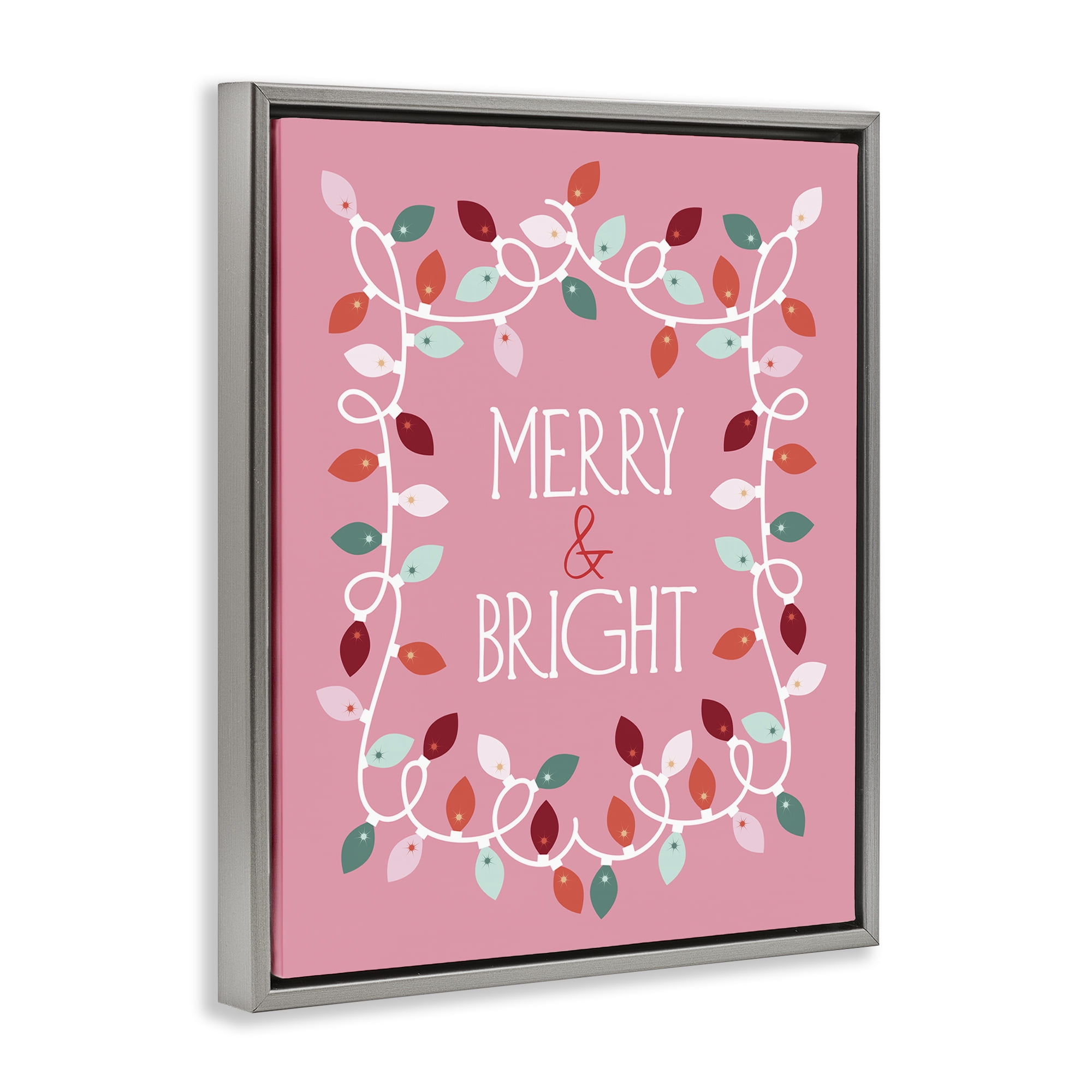 Stupell Industries Merry and Bright Pink Holiday Painting Gray Floater Framed Canvas Art Prints Wall Art, 25 x 31