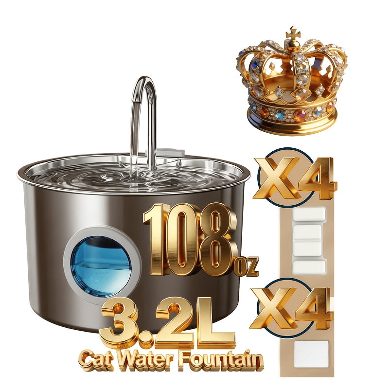 3.2L/108oz  Water Fountain Stainless Steel, Automatic Pet Water Dispenser, Ultra Quiet pump, Visible Water Level, Filtered Drinking Fountain for Cats