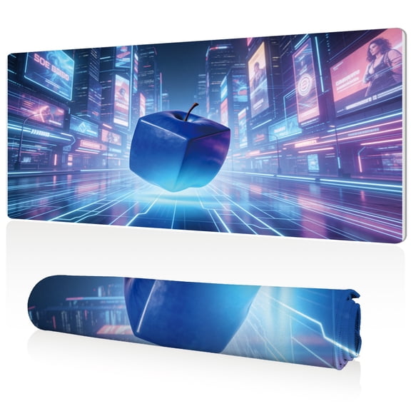 LIVEKEY Extra Large Mouse Pad Blue Cube in Futuristic City 80x40x0.3cm Full Desk Coverage Non Slip Durable Easy Clean Stitched Edges for Gaming and Office