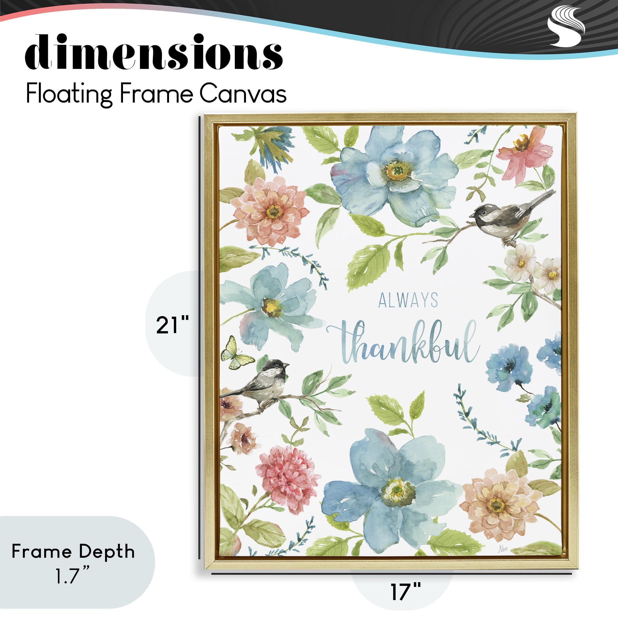 Stupell Industries Always Thankful Pink & Blue Gold Framed Floater Canvas Wall Art, design by Nan