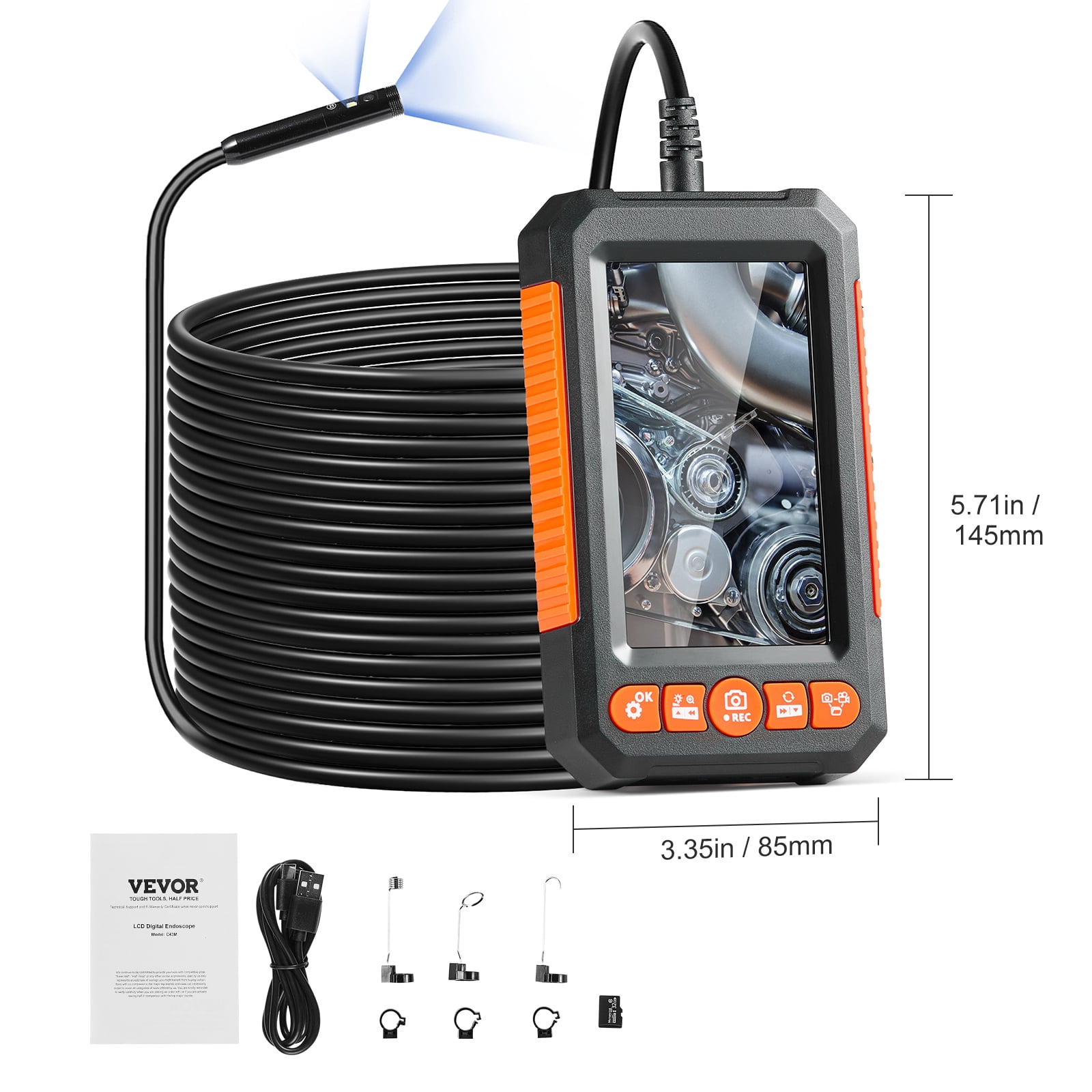 VEVOR Endoscope Camera with Light, Dual Lens Borescope with 49.2FT Semi-Rigid Cable, 4.3" Screen 1080P Inspection Camera, 8 + 1 LED Lights, 4X Zoom, IP67 Waterproof Snake Camera for Auto, Plumbing