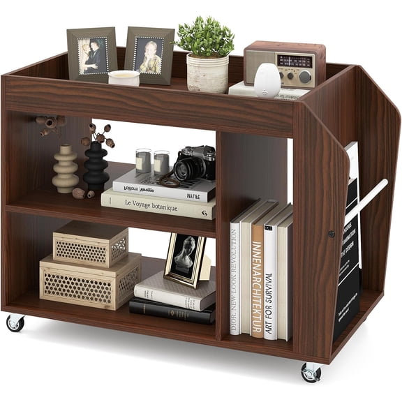 Sunshen Rolling End Table with Storage, 3-Tier Side Table with Magazine Rack & Open Shelves, 4 Universal Wheels, Farmhouse Mobile Lateral Filing Cabinet for Study Living Room Bedroom