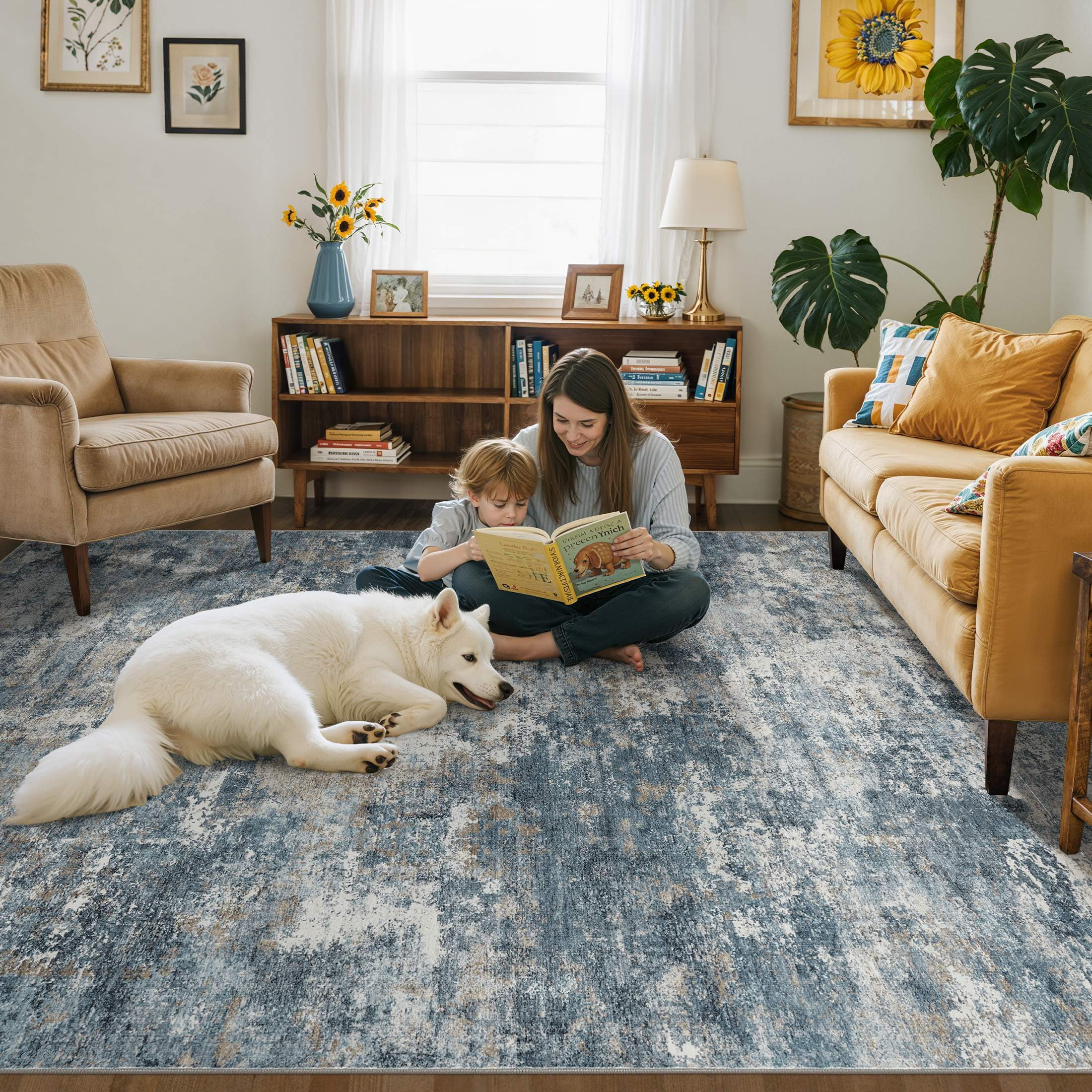 UERMEI 10'x14' Washable Area Rugs for Living Room, Modern Abstract Printed Carpet, Non Slip Indoor Rug for Bedroom Home Decor Carpets, Blue/Brown
