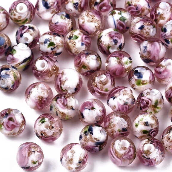 60pc Handmade Gold Sand Lampwork Beads Inner Flower Round Creamy White 8x7~8mm Hole: 1.4mm