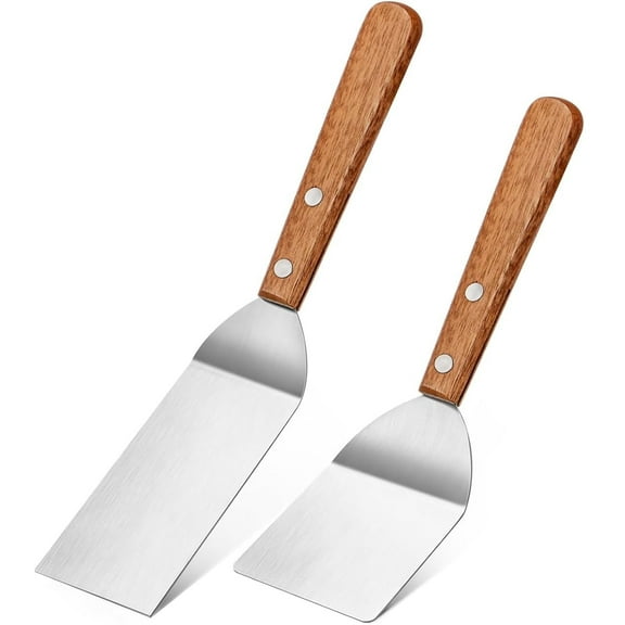 2 Pack Small Metal Spatula Set,Mini Wooden Spatulas for Kitchen Use,Tiny Griddle Solid Stainless Steel Spatula With Wood Handle for Cake Fish Cookie,Grill Chef Baking Scraper Spatula Turner,Sliver