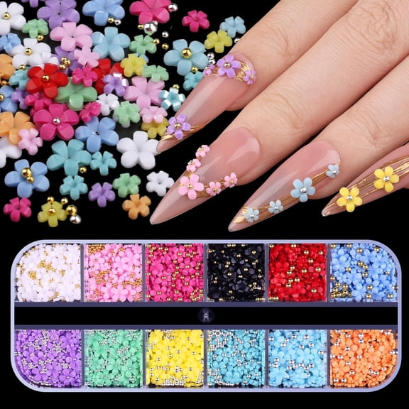 TUWAFE 3D Colorful Flower Nail Art Charms,White Pink Acrylic Cherry Blossom Spring Petal Metal Gold Silver Round Caviar Beads Studs Pearl Rhinestones for Manicure Craft Diy