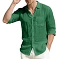 thumbnail image 2 of Breathable Wrinkle Friendly Linen Shirt for Men, Loose Fit Pocket Roll Sleeve Solid Blouse for Daily Street Casual Wear Green L, 2 of 4
