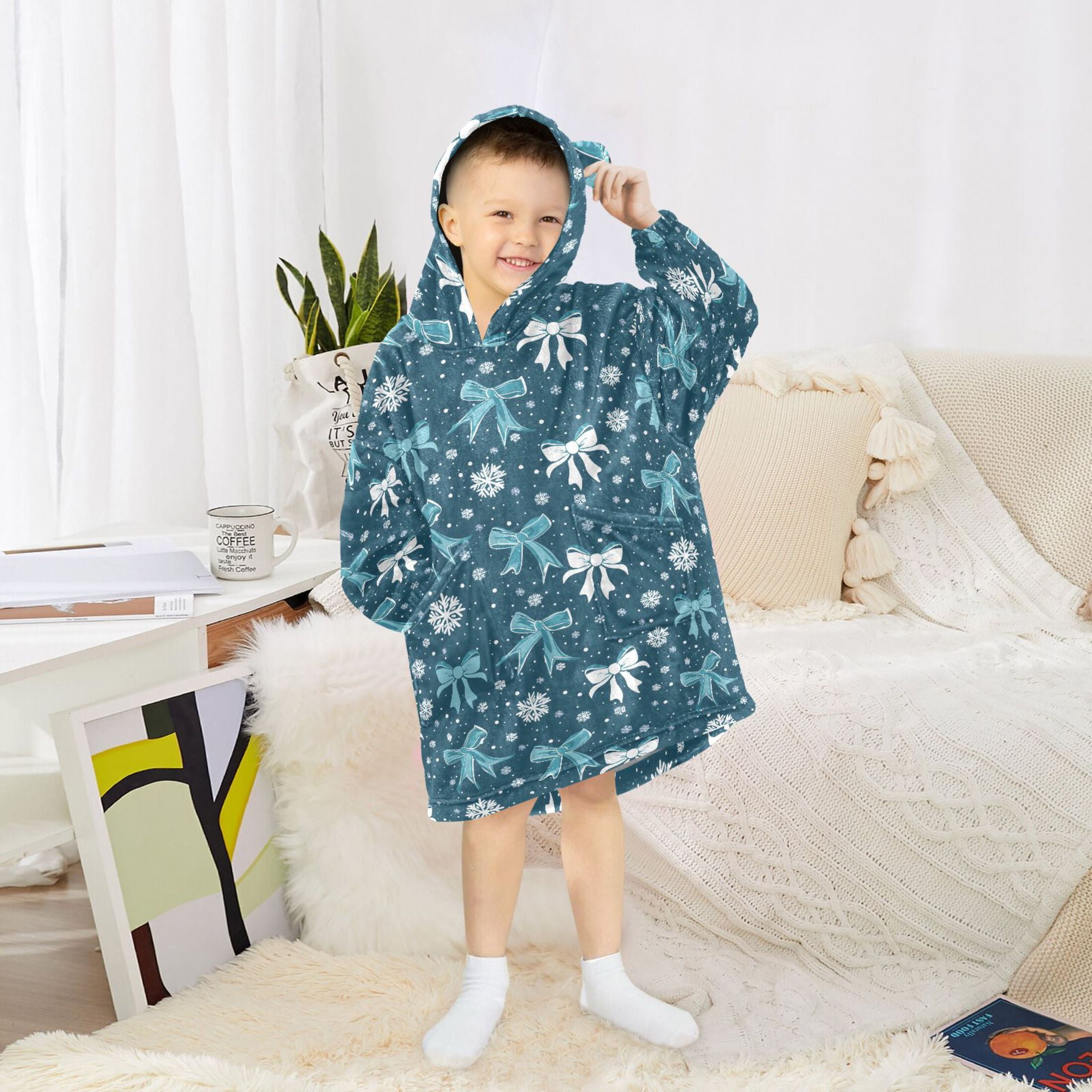 Wearable Blanket Hoodie for Kids White Blue Bow Snowflakes Flannel Hooded Blanket with Pockets and Sleeves Suitable for Boys and Girls