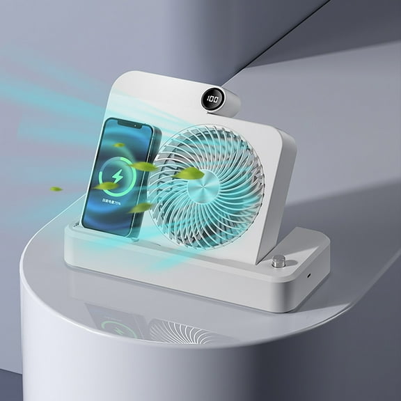 2025 New 3-in-1 Desktop Fan & Phone Charger - 3-Speed Cooling, Type-C Fast Charge, Foldable 9.8'' Design with Digital Display for Office/Dorm/Travel, Ultra-Quiet, White