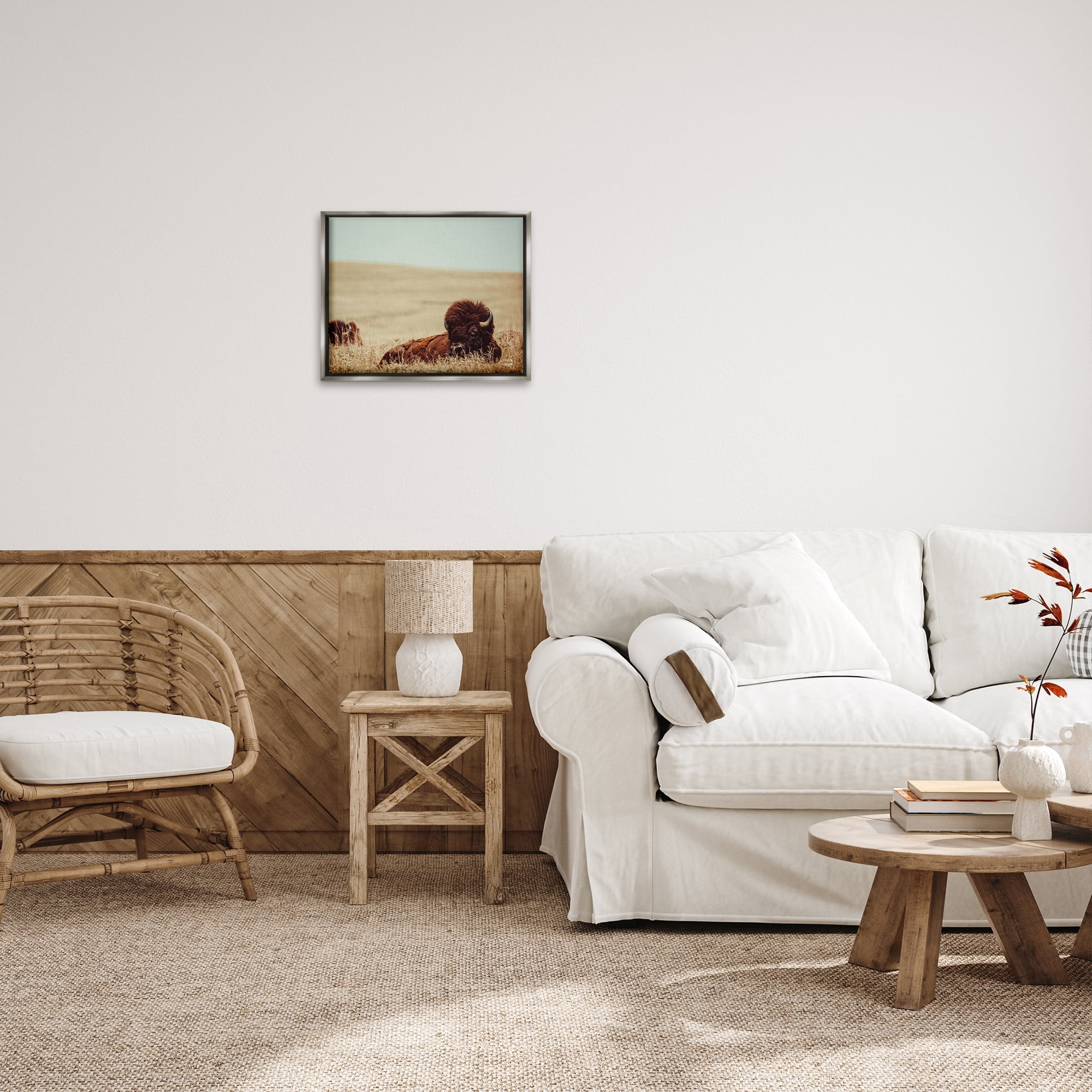 Stupell Industries Bison Relaxing in Field Animals & Insects Photography Gray Floater Framed Canvas Art Print Wall Art, 21 x 17
