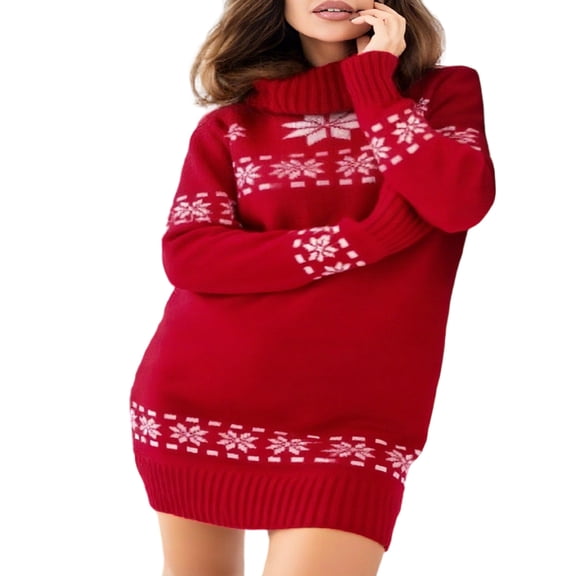 Christmas Dresses for Women Women's Christmas Oversized Turtleneck Snowflake Knit Dress for Holiday Winter Party,Red,M