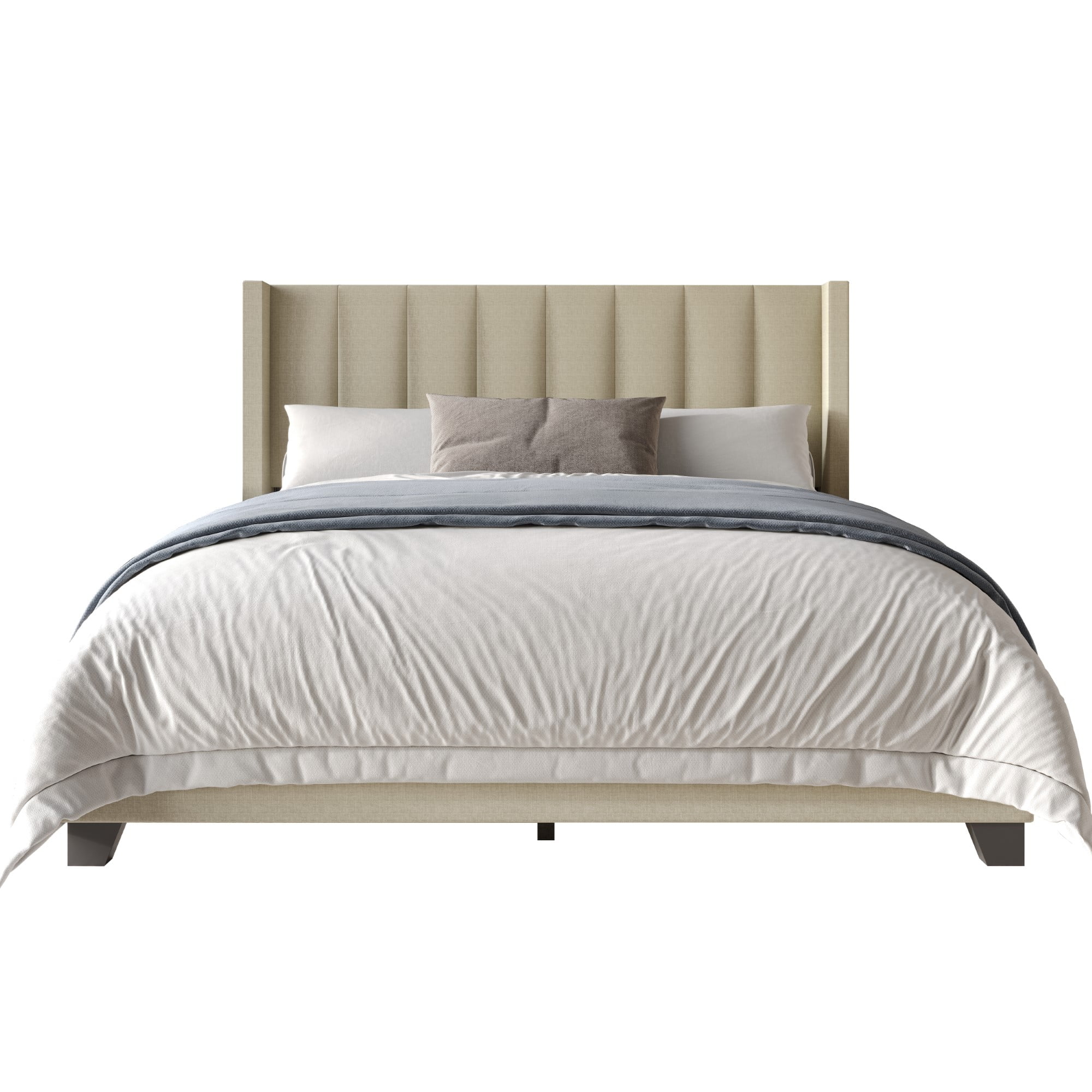 Home Design Saco Twin Upholstered Platform Bed Frame For Adult, Dark Beige, Easy Assembly