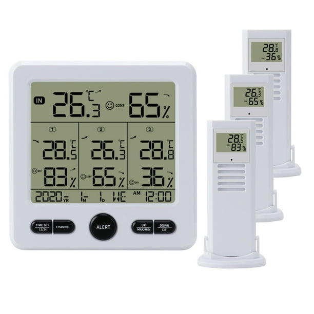 Termo higrómetro Termohigrómetro digital inalámbrico para interiores y exteriores con 3 sensores remotos 98 pies / 30 m Función de calibración de alarma y luz de fondo Monitor de temperatura y humedad Abanopi Termo higrómetro