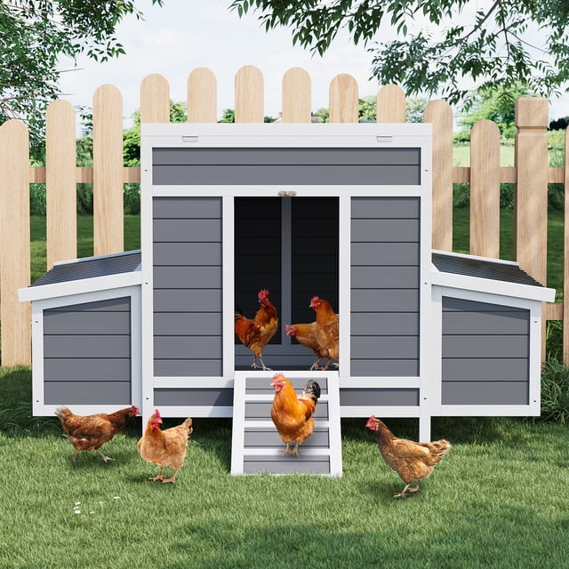 55" Wooden Chicken Coop, Outdoor Wooden Chickens House with 6 Nesting Boxes, Large Chicken Coop Poultry Cage Rabbit Cage w/Ramps, Window & Openable Roof