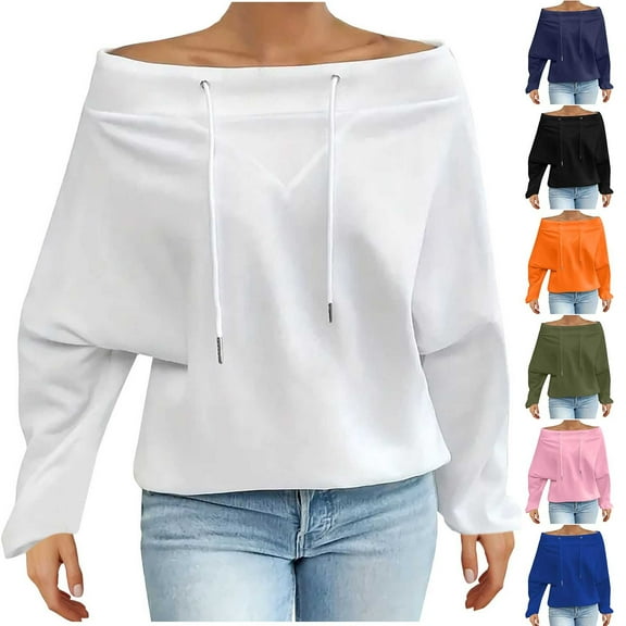 BiZtdJrK Plus Size Sweatshirt for Women Off Shoulder Drawstring Long Sleeve Shirts Loose Fit Fashion Fall Pullover Tops Black XXL