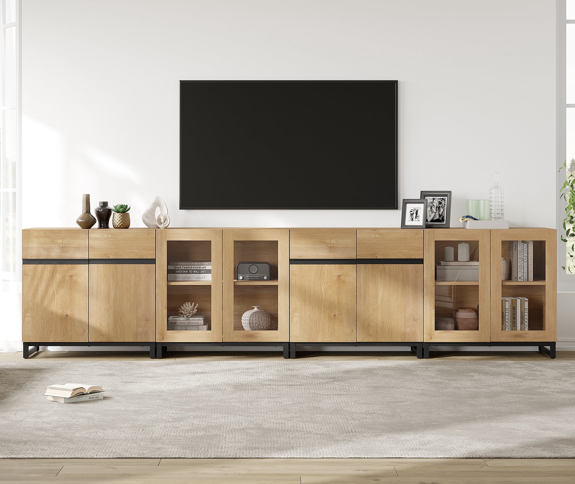4 In 1 TV Stand For Tvs Up To 120 Inches, Modern Entertainment Center With Glass Doors And Metal Legs, TV Console With Adjustable Shelf,Oak
