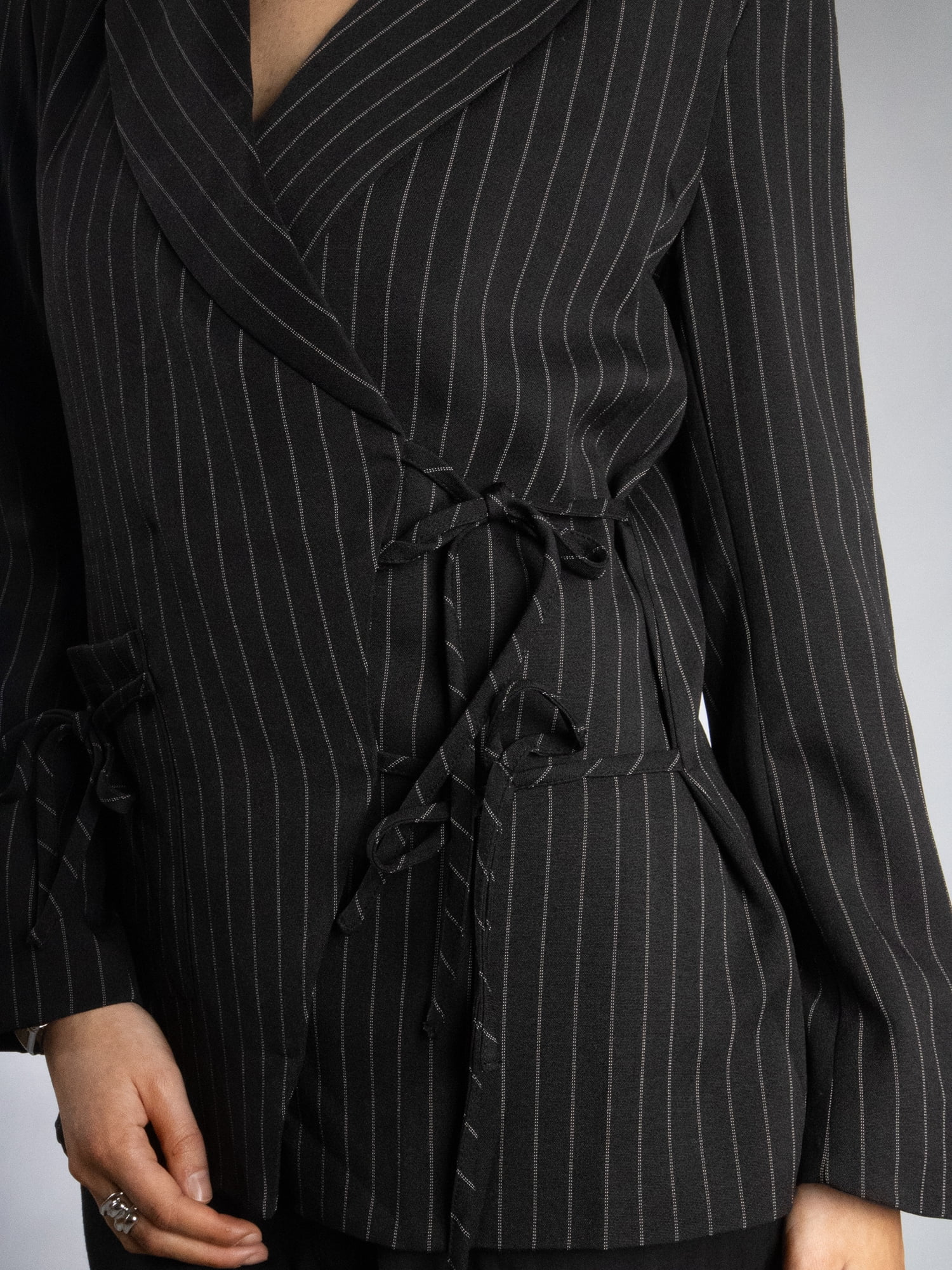 DARING DIVA Women's Elegant Double Tie Wrap Blazer S Black Pin Stripe