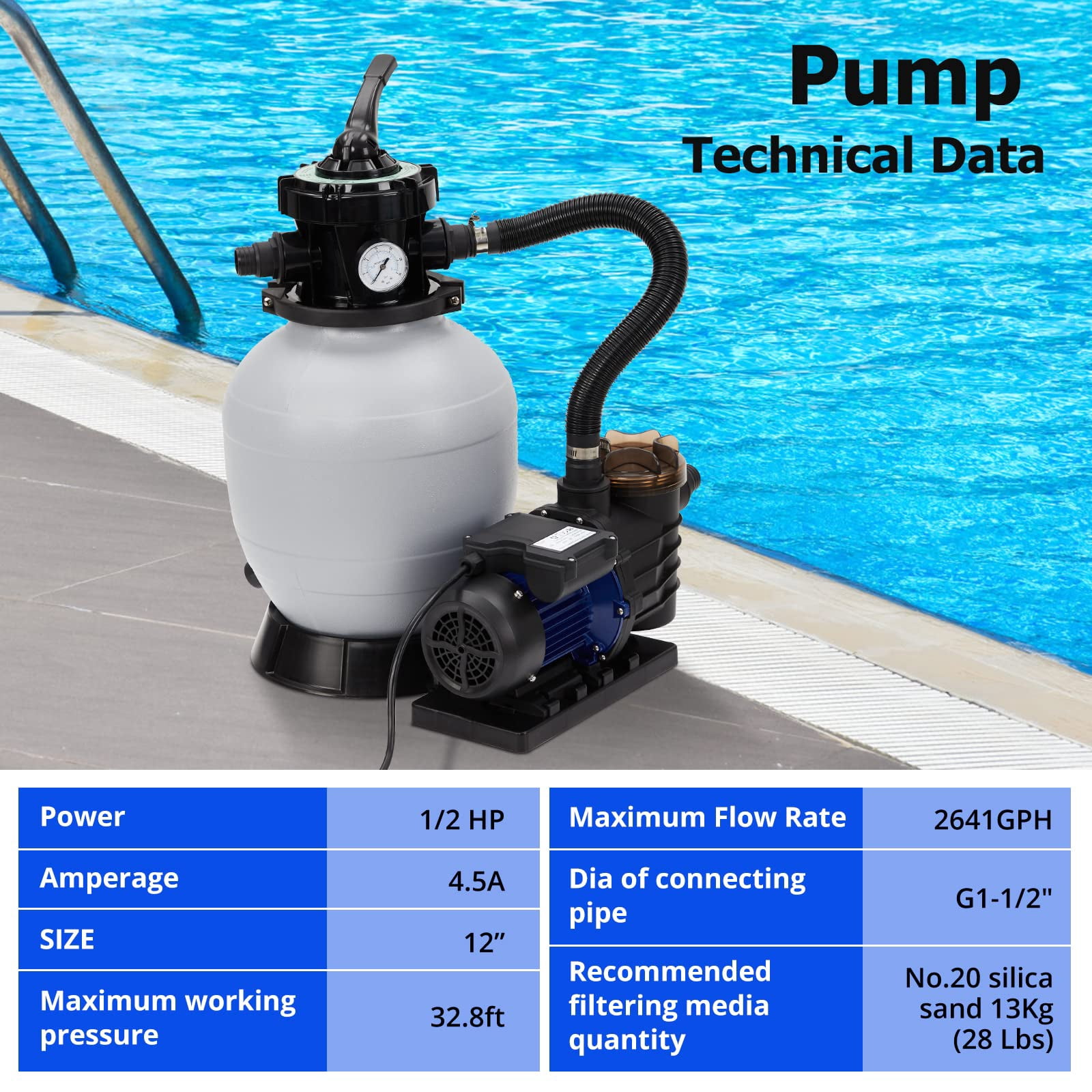 Garvee 12-inch Sand Filter Pump System with 6-Way Valve for Above Ground Pools