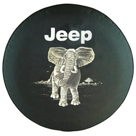SpareCover - Brawny Series - Jeep Charging Elephant on 28" Tall Black Denim Textured Vinyl Tire Cover - Made in USA Only